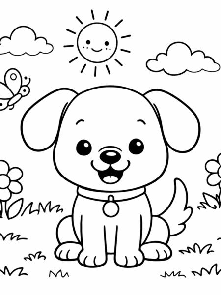 Coloriage – Petit chien au jardin