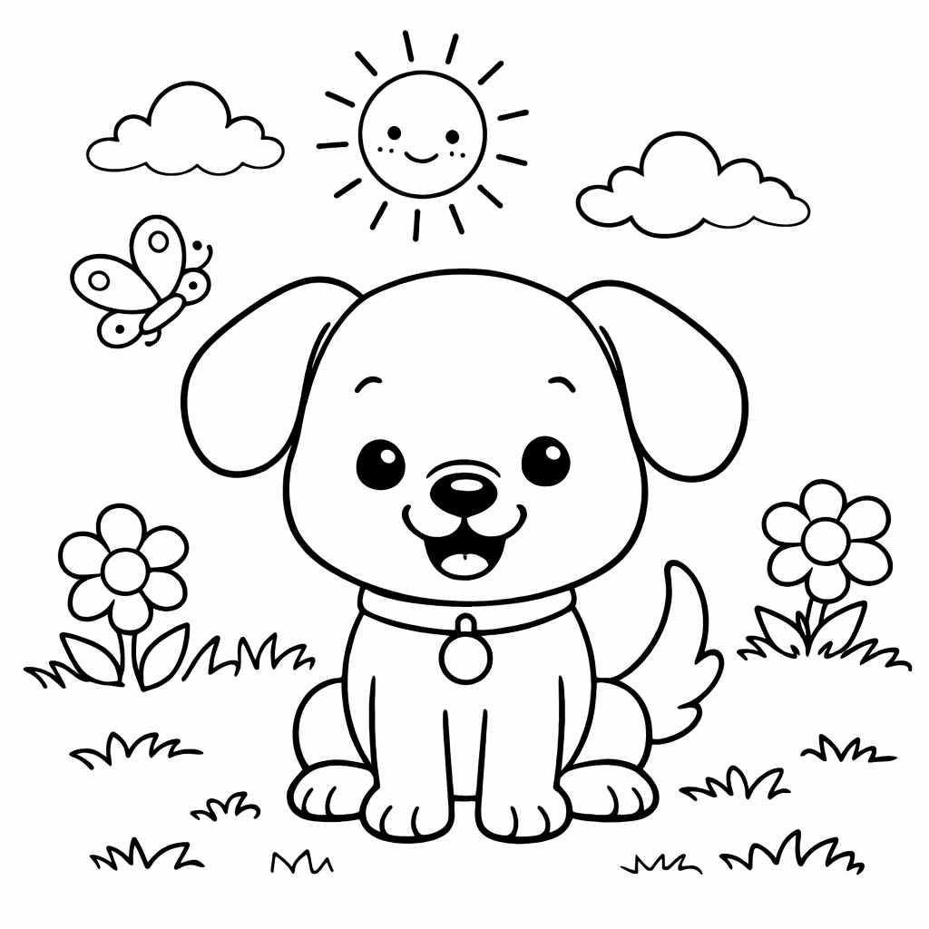 Coloriage – Petit chien au jardin