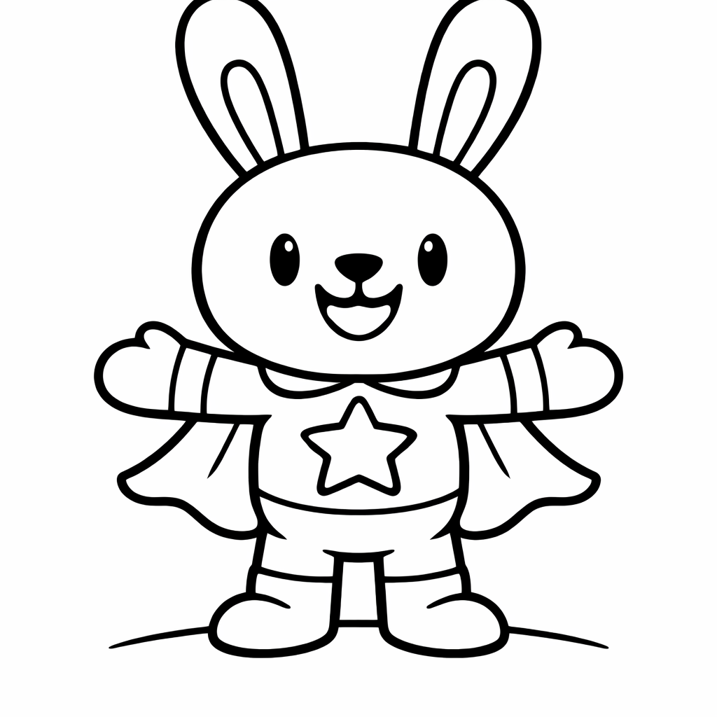 Coloriage au trait noir d’un lapin super-héros rigolo centré, grandes oreilles, grand sourire, cape courte et étoile simple sur le ventre, lignes épaisses, fond blanc sans décor.