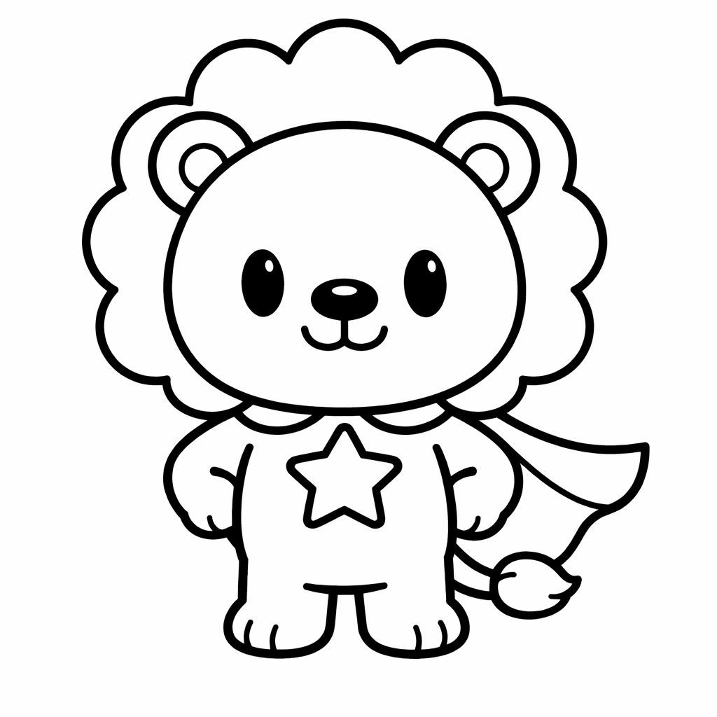 Coloriage noir et blanc d’un lion super-héros mignon, grand sourire, cape et étoile sur le torse, lignes épaisses, fond blanc, format A4 portrait, sans décor.