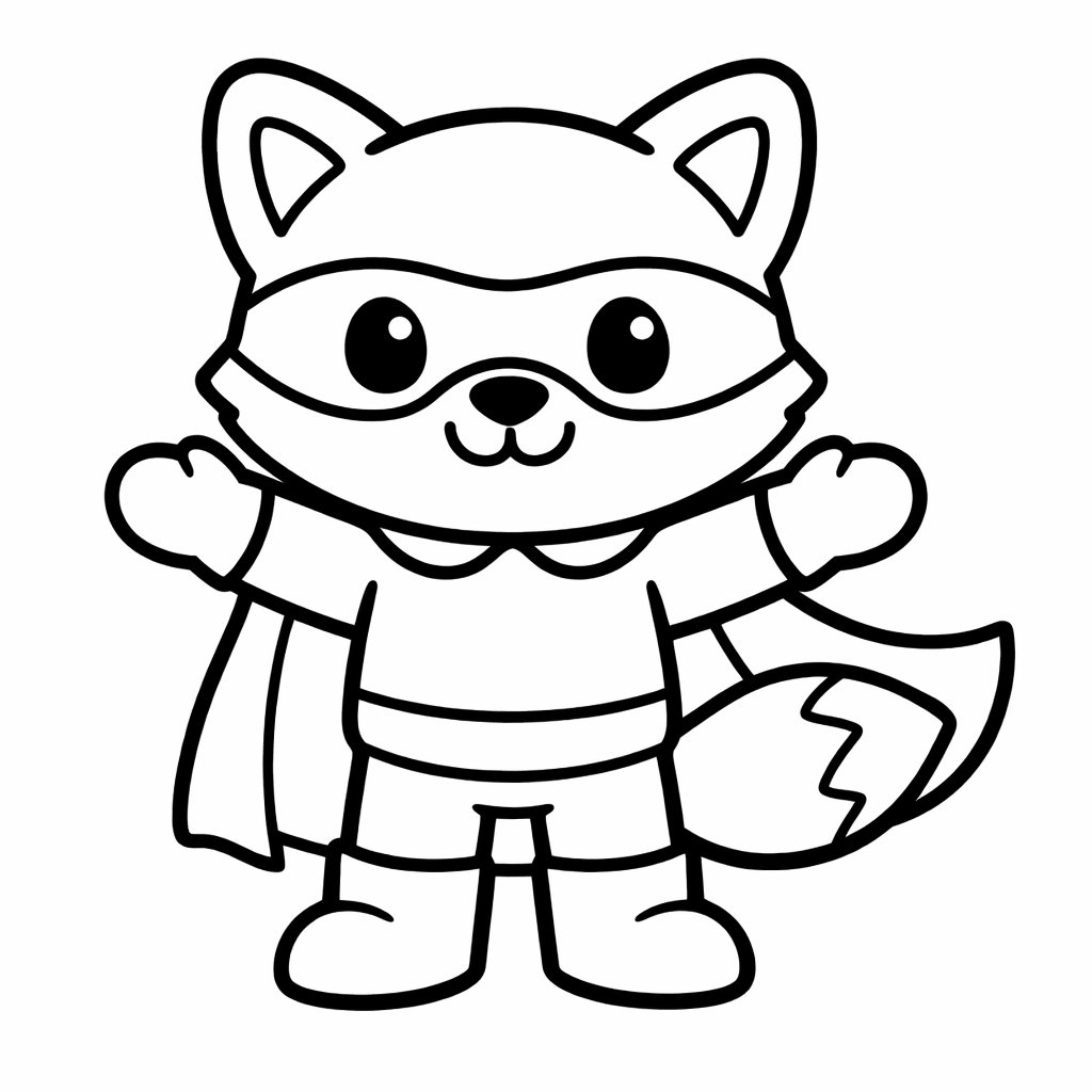 Renard super-héros souriant avec cape et masque, lignes épaisses noires sur fond blanc, format A4 portrait.