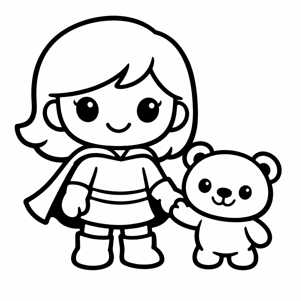 Super-héroïne enfantine au trait épais, souriante avec cape simple, tenant la main d’un petit ourson heureux, centrés sur une page A4 en portrait, fond blanc, sans décor.