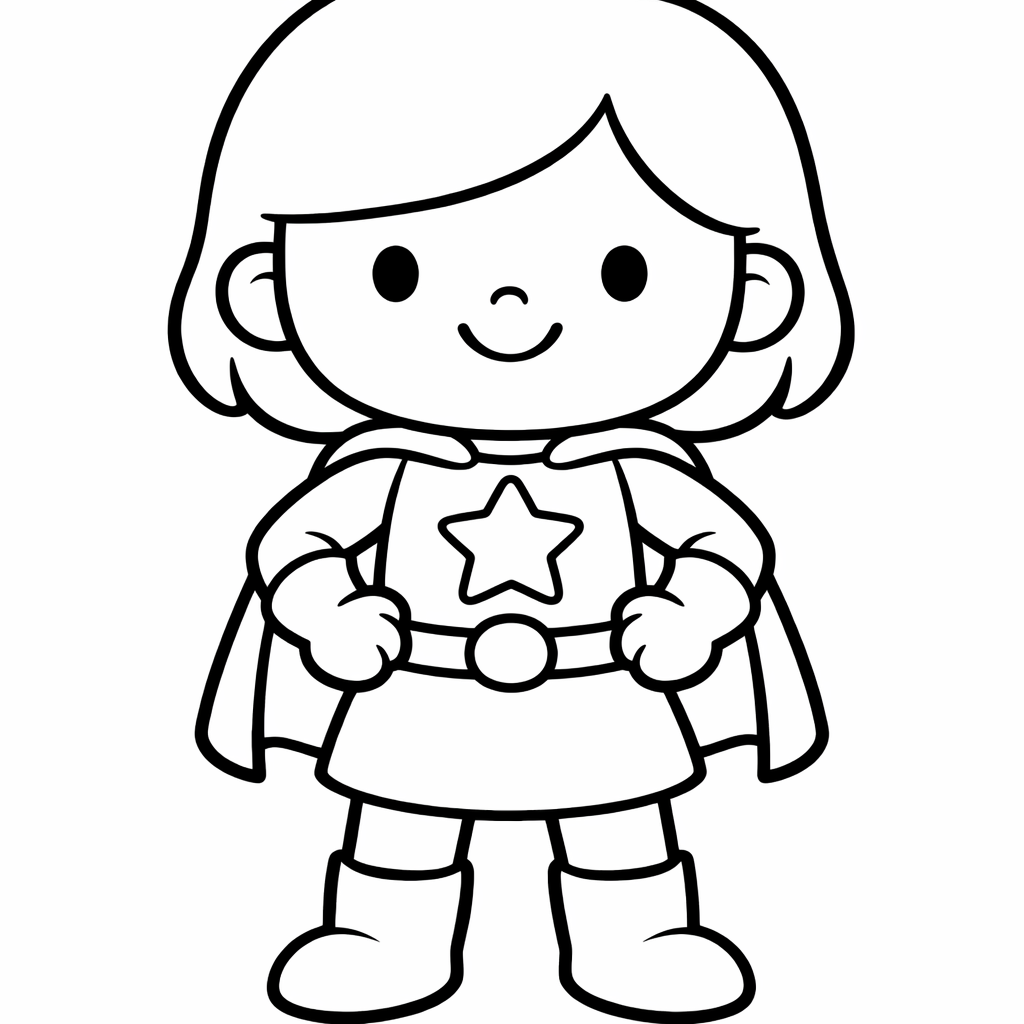 Coloriage noir et blanc: super-héroïne enfantine debout, souriante, mains sur les hanches, cape courte, bottes rondes, grand emblème étoile sur la tunique, lignes épaisses, fond blanc, format A4 portrait.