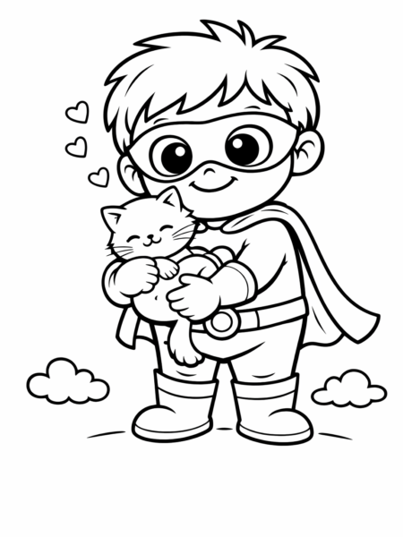 Coloriage super-héros qui protège un chat