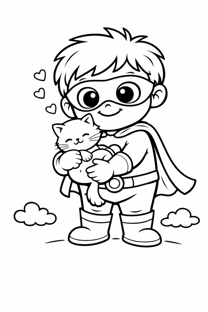 Coloriage super-héros qui protège un chat