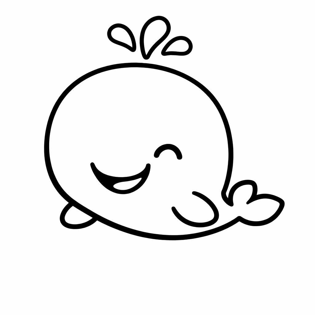 Coloriage pour tout-petits : bébé baleine souriante, trait noir épais, fond blanc, grandes zones à colorier, format A4 portrait.