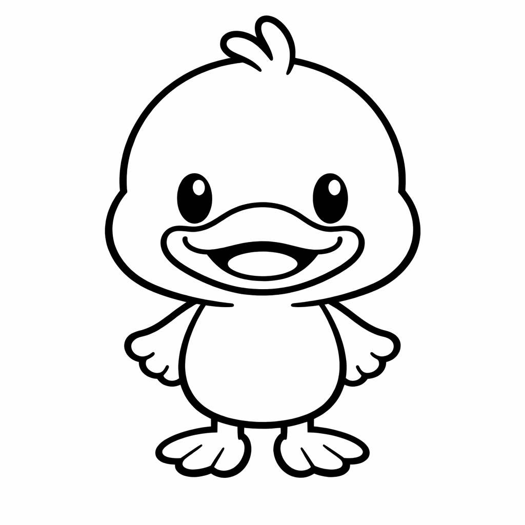 Coloriage au trait noir d’un canard rigolo, formes rondes et simples, sourire, lignes épaisses, centré sur fond blanc en format A4.