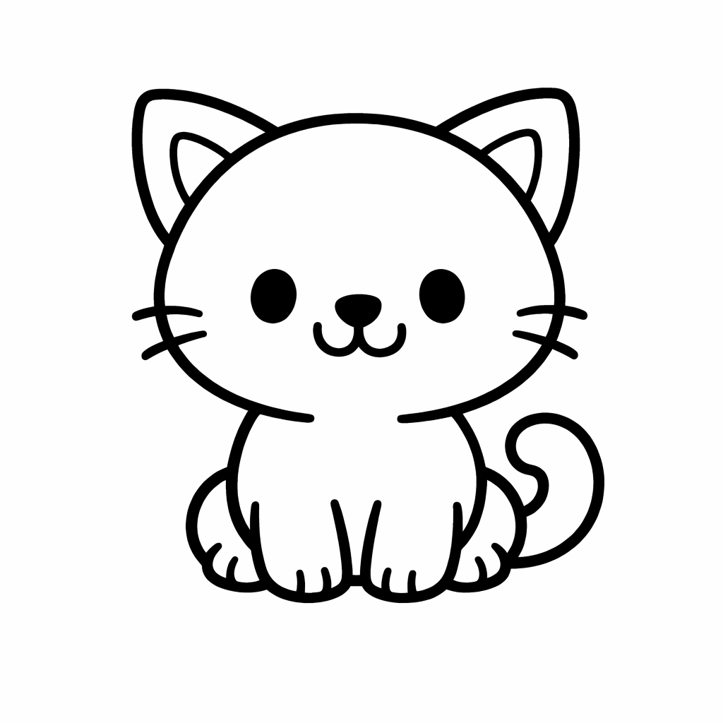 Coloriage en traits noirs épais d’un chaton mignon assis, souriant, aux formes arrondies, fond blanc, format A4 vertical, adapté aux enfants de 3 ans.