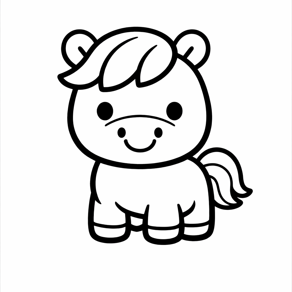 Coloriage enfant très simple : cheval souriant au trait noir épais, formes rondes, centré sur fond blanc, format A4 portrait.