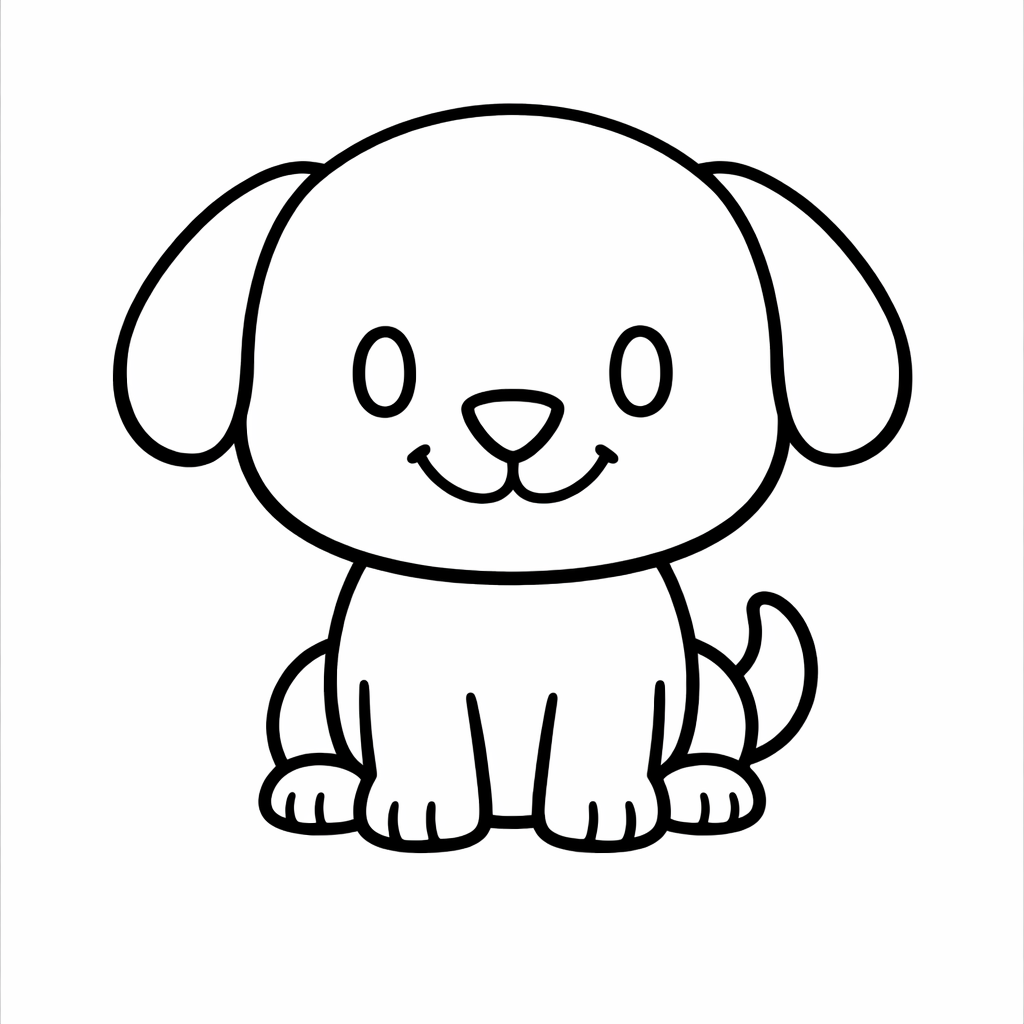 Dessin de coloriage en noir et blanc d’un chien assis, tête ronde plus grande que le corps, grands yeux simples et sourire, tracé épais centré sur une page A4 en orientation portrait.