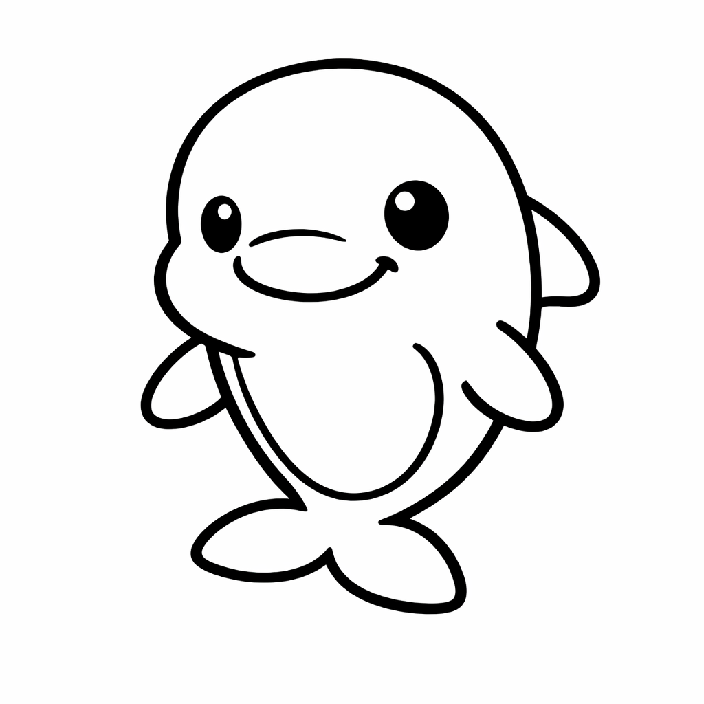 Coloriage en noir et blanc d’un dauphin mignon au grand sourire, traits épais, centré sur une page A4, fond blanc.