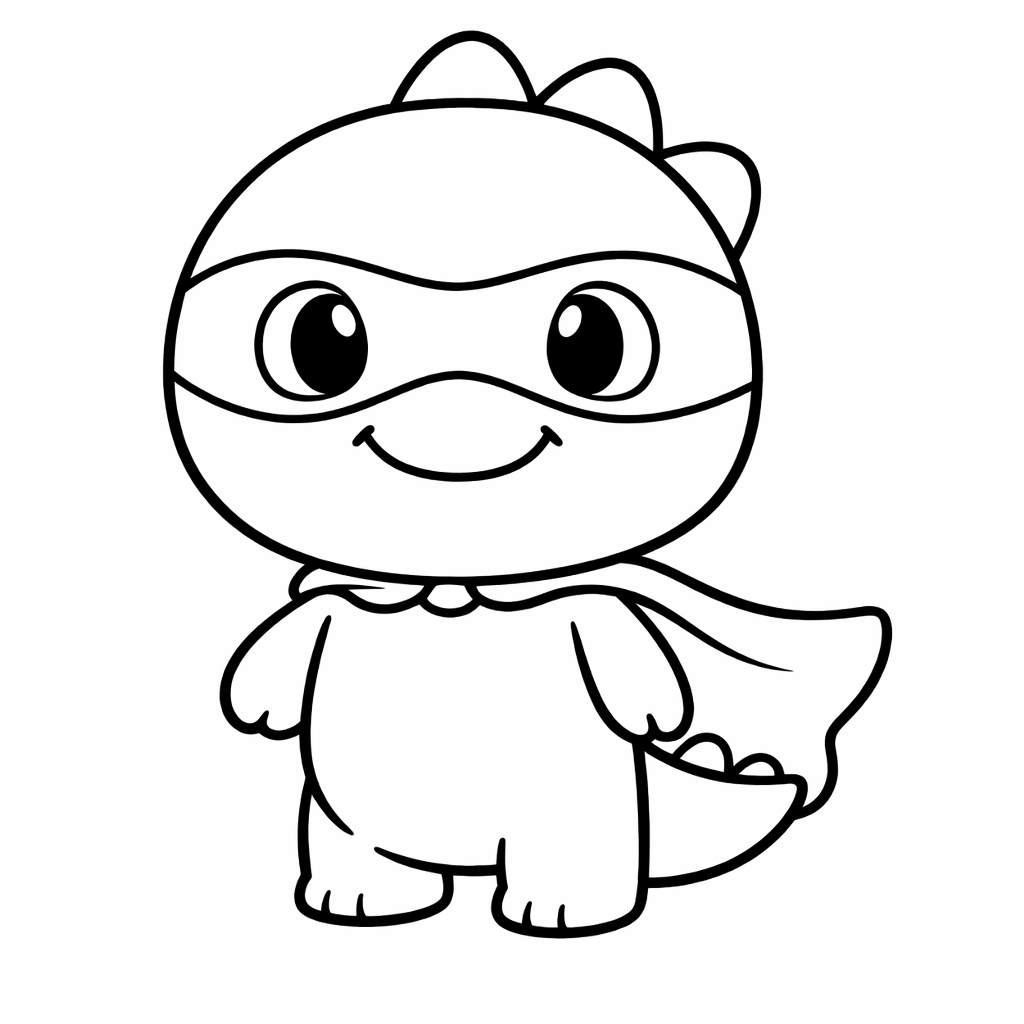 Coloriage au trait noir d’un dinosaure mignon debout au centre avec une cape et un petit masque, traits épais, fond blanc, format A4 portrait.