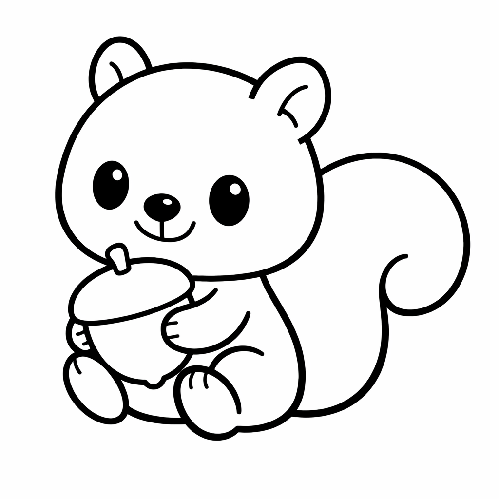 Coloriage en noir et blanc d’un écureuil mignon assis, formes rondes, tenant un gros gland, centré sur page A4 portrait avec lignes épaisses et fond blanc.