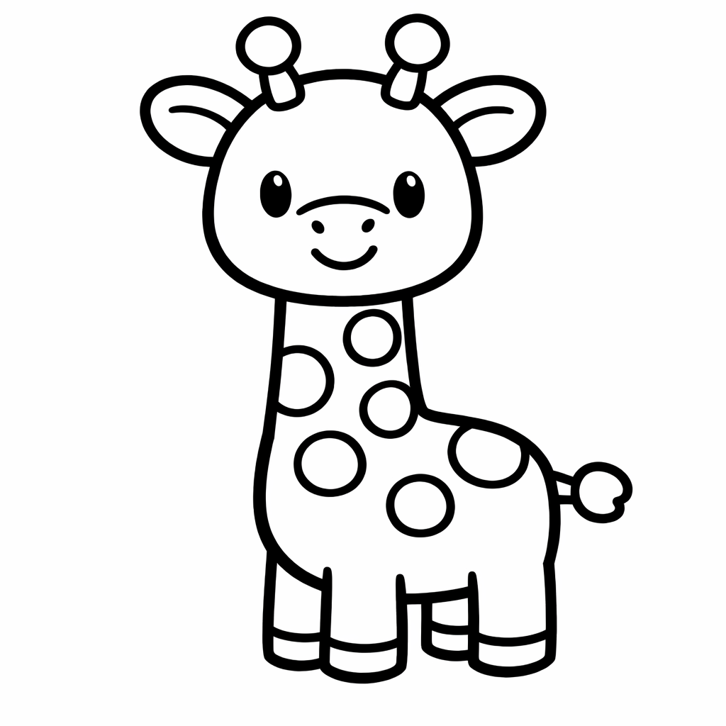 Coloriage d’une girafe très simple et souriante, traits noirs épais, formes arrondies, centrée sur page A4 verticale, fond blanc sans décor.