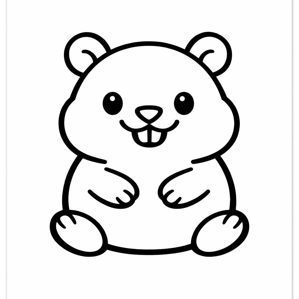 Coloriage en traits noirs d’un hamster souriant, simple et centré, sur page A4 portrait au fond blanc avec grandes zones fermées.