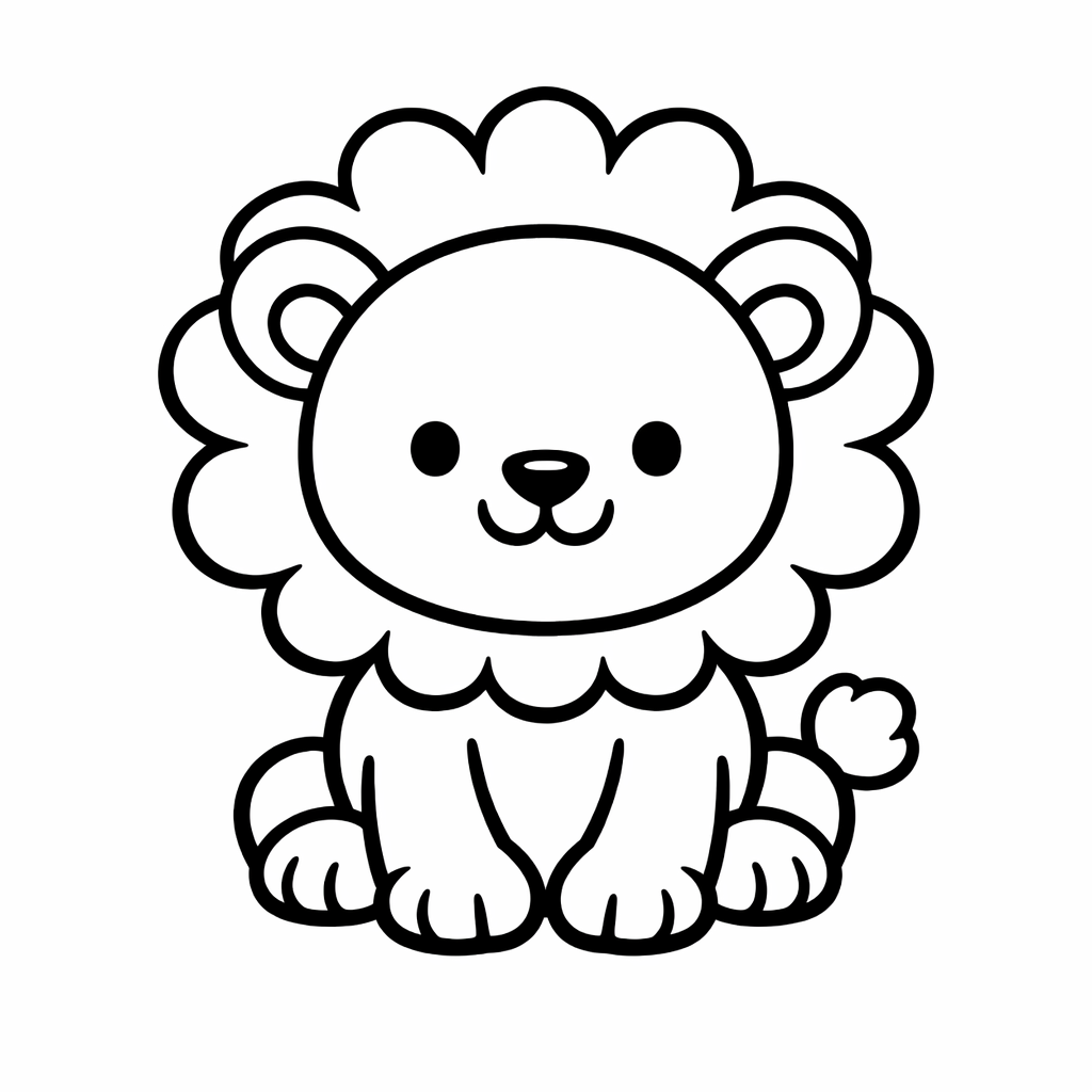 Coloriage à imprimer représentant un lionceau souriant assis, traits épais noirs sur fond blanc, style simple pour enfant de 3 ans.
