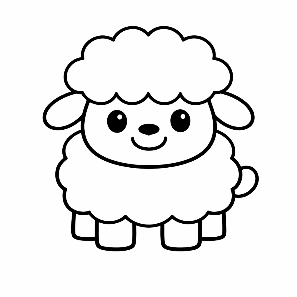 Dessin au trait noir épais d’un mouton mignon et souriant, formes larges et arrondies, fond blanc, centré sur une page A4 portrait, sans décor.