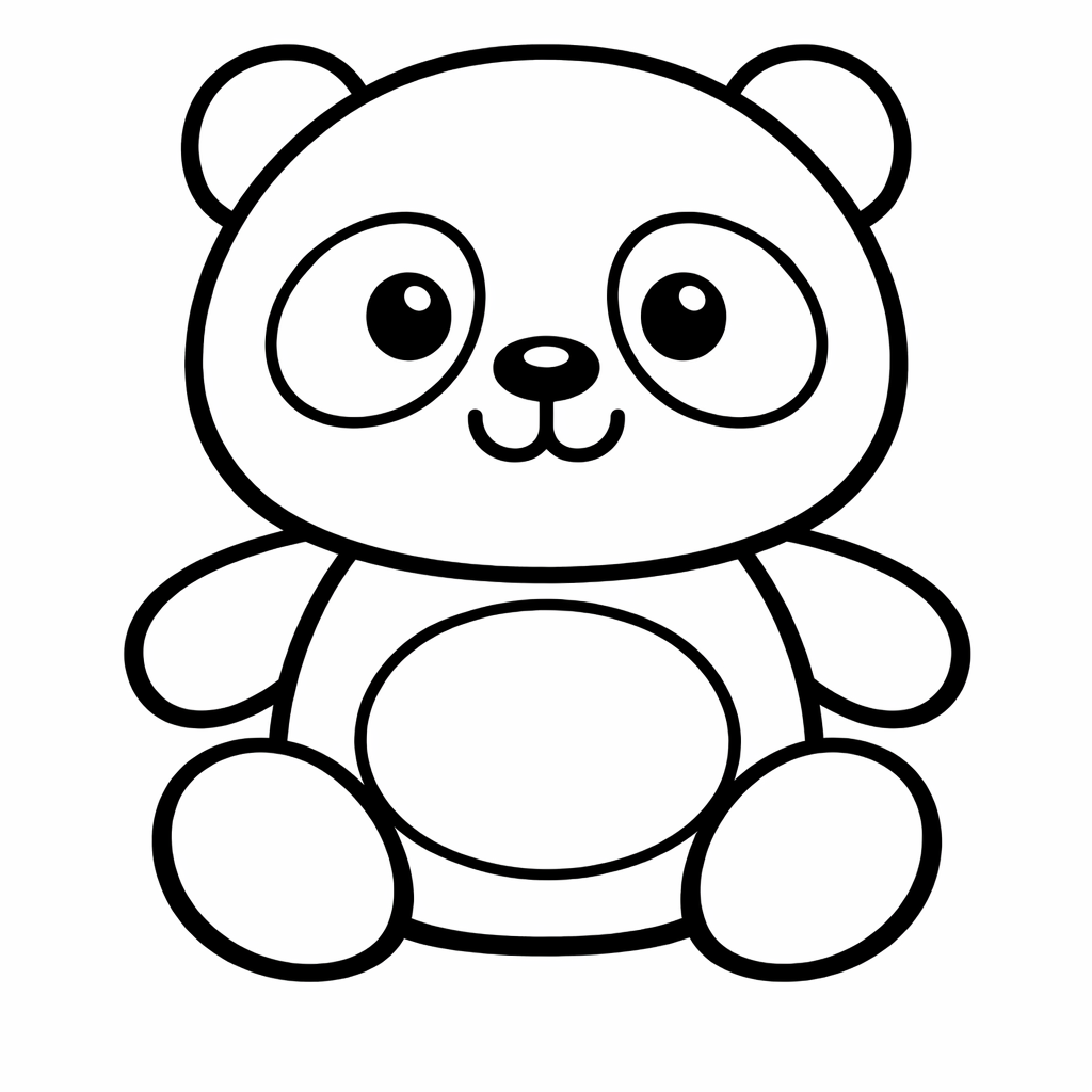 Coloriage en trait noir d’un panda tout rond, assis et souriant, centré sur fond blanc, aux formes simples et arrondies.