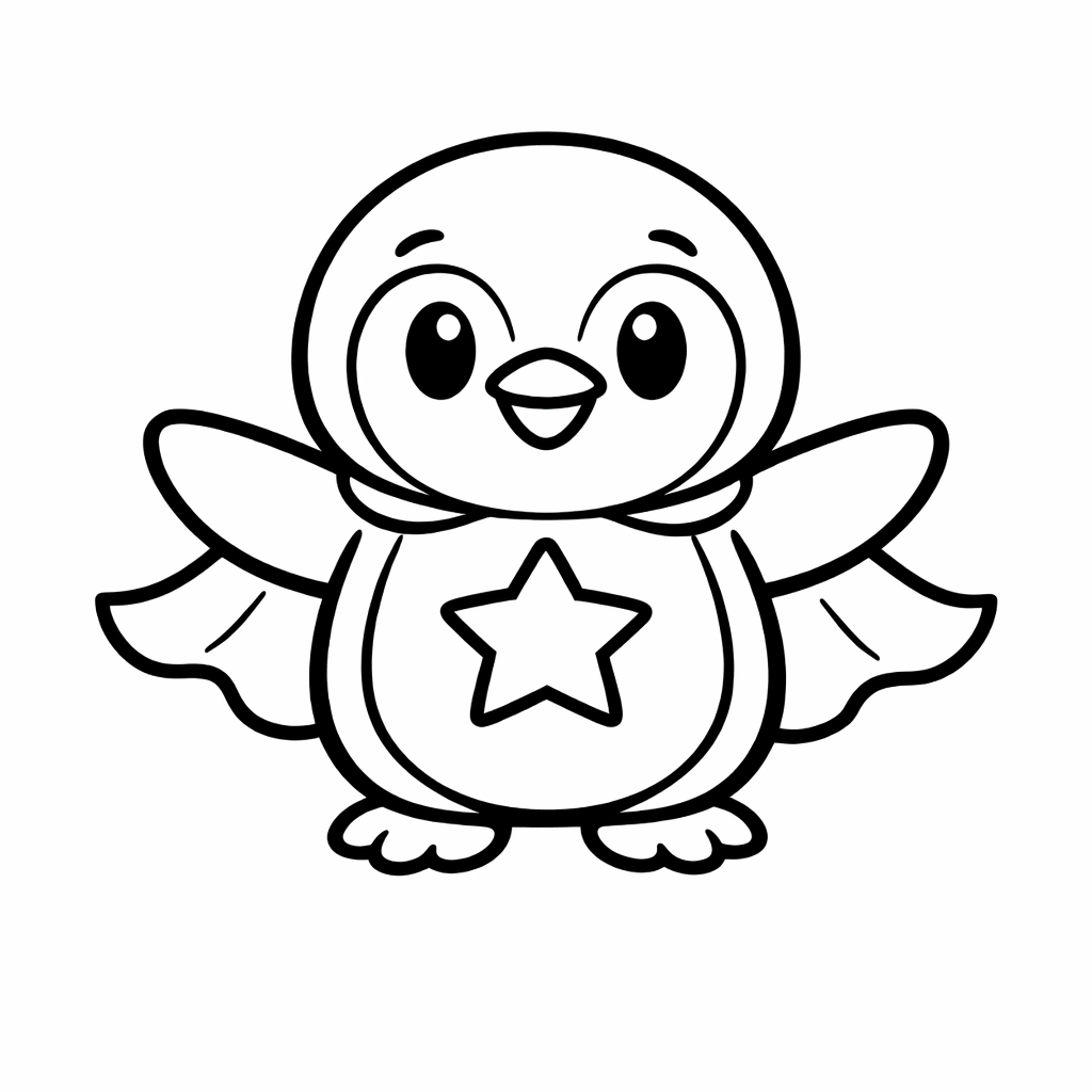 Coloriage au trait noir épais d’un pingouin super-héros rigolo, rond et souriant, avec cape et étoile sur le ventre, centré sur fond blanc, format A4.