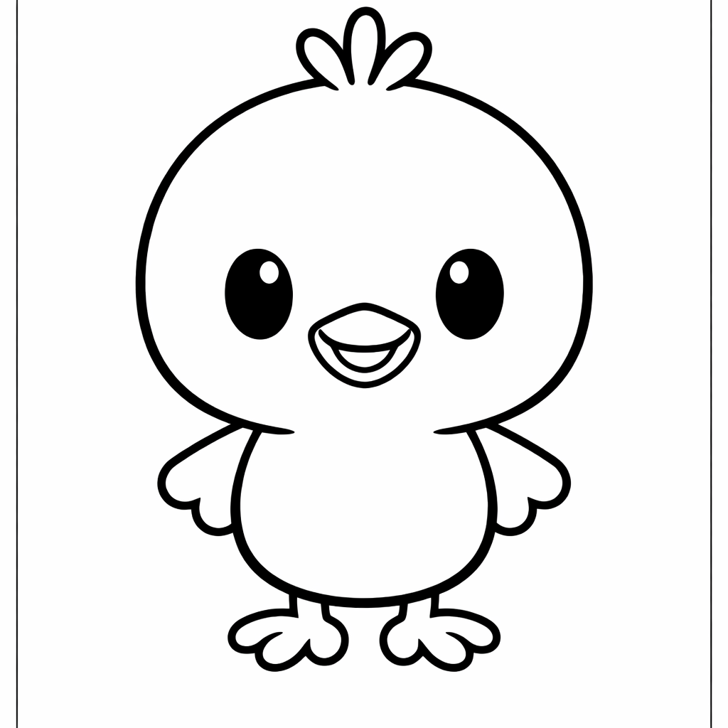 Coloriage noir et blanc d’un poussin mignon unique, centré, aux traits épais, format A4 portrait.