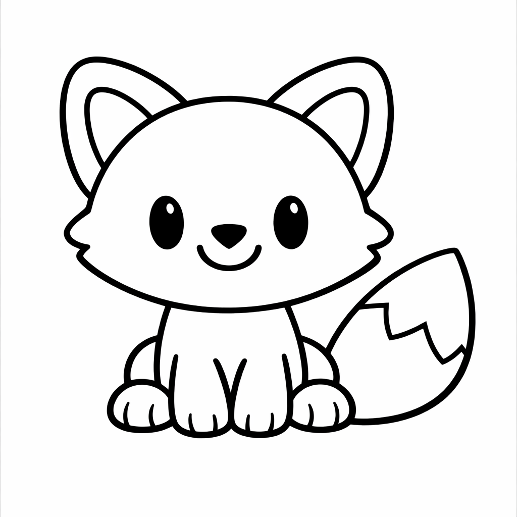 Coloriage à imprimer : renard souriant assis, formes arrondies, trait noir épais, fond blanc, format A4 portrait, zones larges bien fermées.