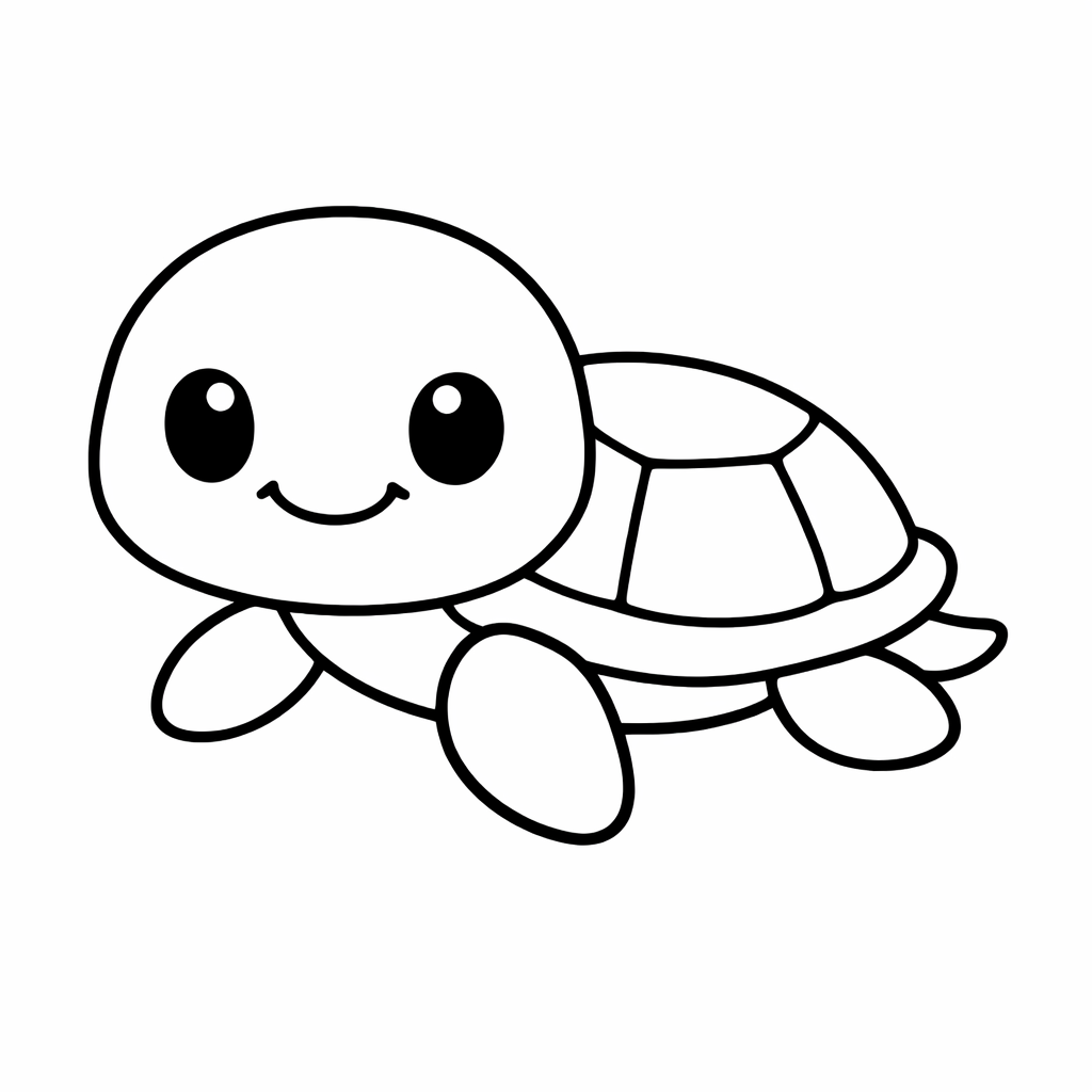 Coloriage noir et blanc d’une tortue de mer souriante, formes rondes et simples, traits épais, fond blanc, format A4 portrait.