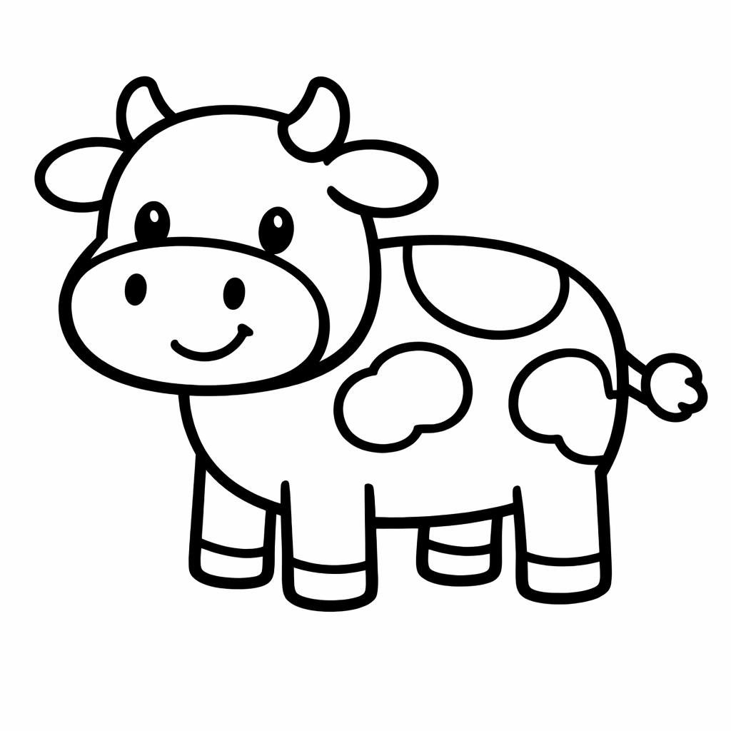 Coloriage d’une vache souriante aux formes arrondies, trait noir épais sur fond blanc, format A4 vertical, sans décor.
