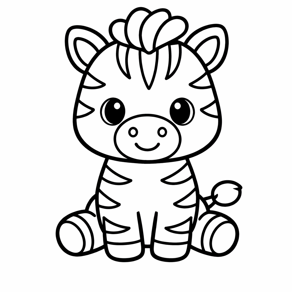 Coloriage pour enfants : zèbre mignon souriant au trait noir épais, formes arrondies, fond blanc, format A4 portrait, très simple pour 3 ans.